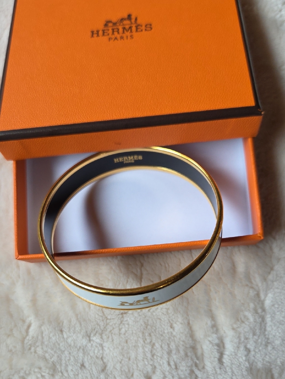 Hermes White and Gold Enamel Bangle Bracelet